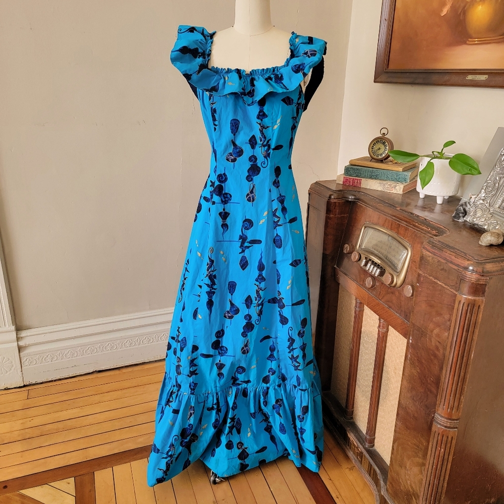 Vintage Blue Hawaiian Mid Century Seahorse Print Maxi Dress Ruffle Medium